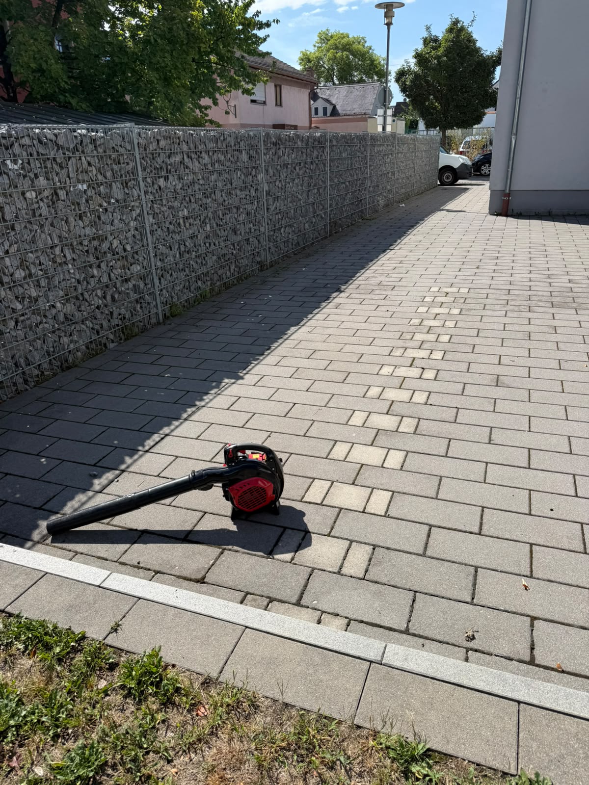 Pflege eines gepflasterten Außenbereichs mit Laubbläser